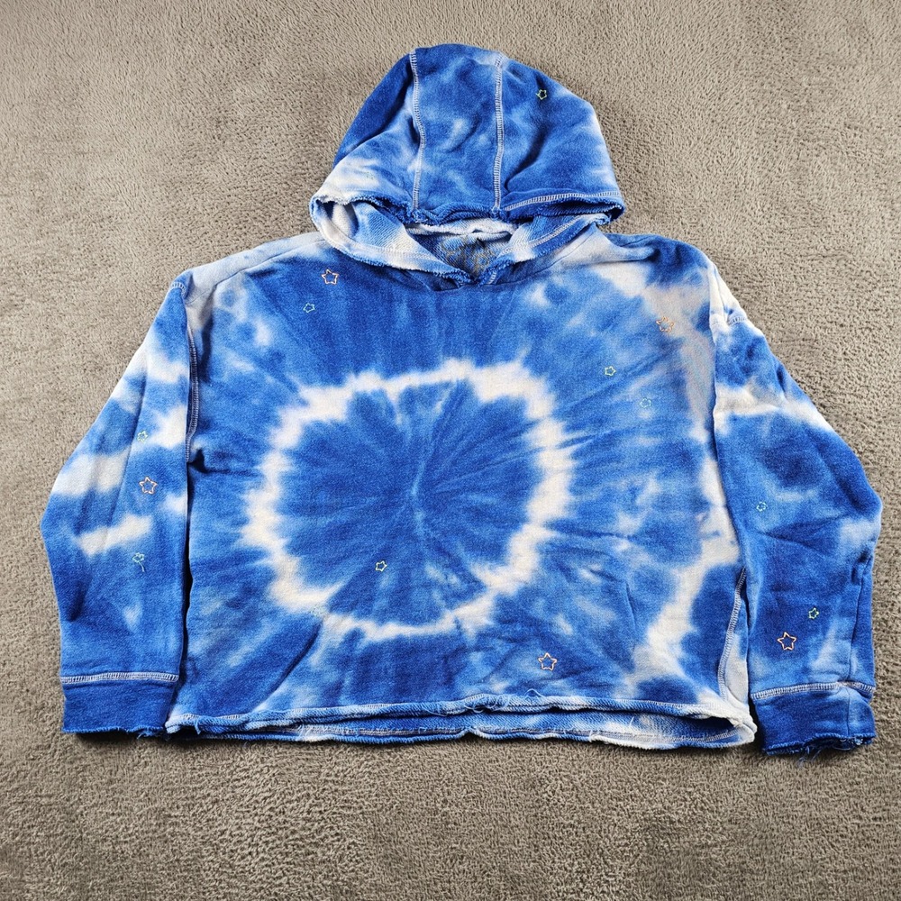 Chaser Blue Tie Dye Star Embroidered Cropped Hoodie Linen Blend Large CW6639